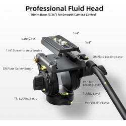 Cayer BV01 Compact Video Tripod, 65" Twin Tube Fluid Head 13.2 Lb